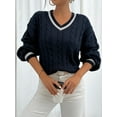thumbnail image 2 of Luxurious Contrast Trim Cable Knit Sweater Flattering V-Neckline Dramatic Lantern, 2 of 7