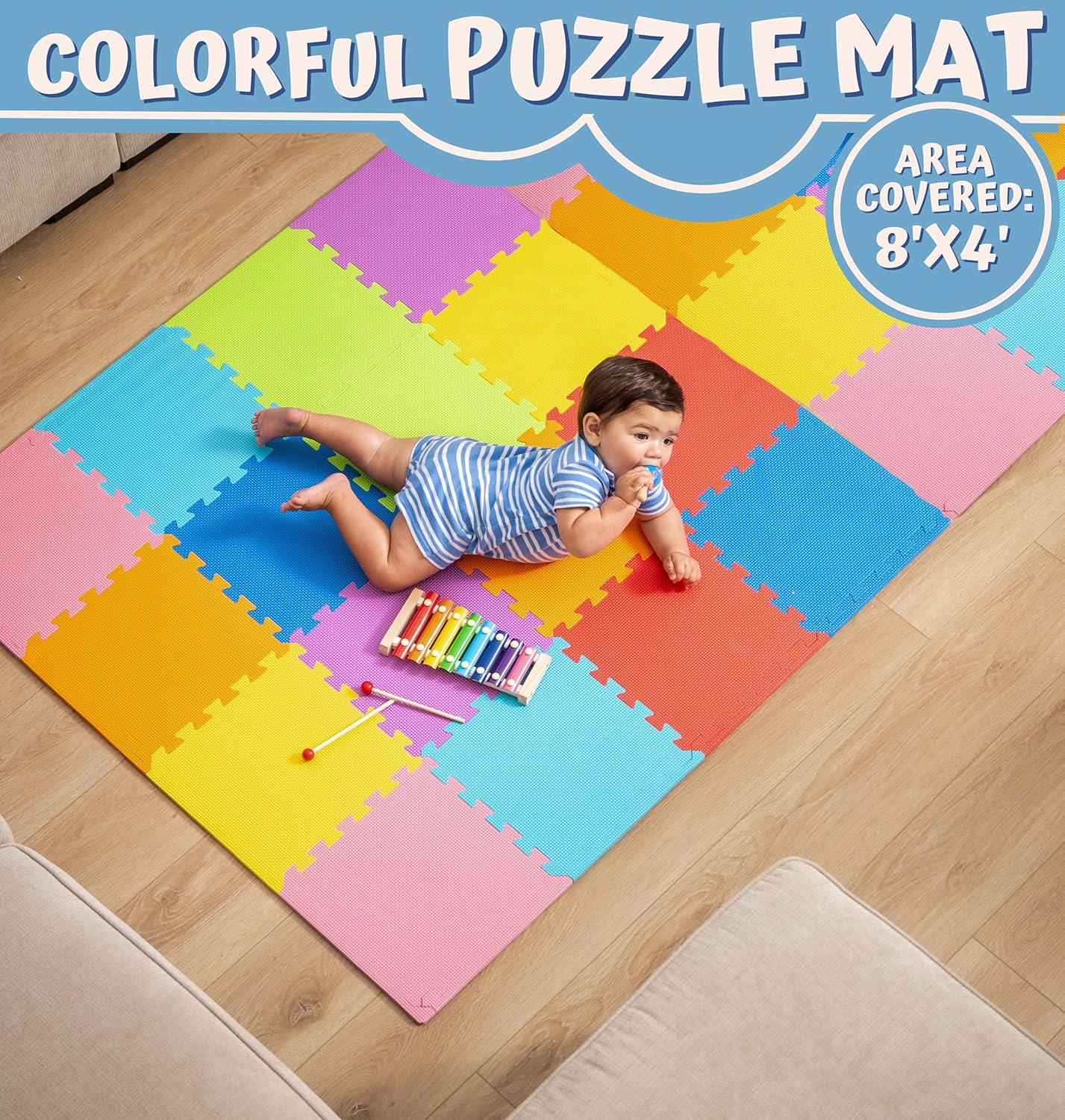 ToyVelt Foam Puzzle Floor Mat for Kids – 32 Tiles MultiColor Interlocking Play Mat