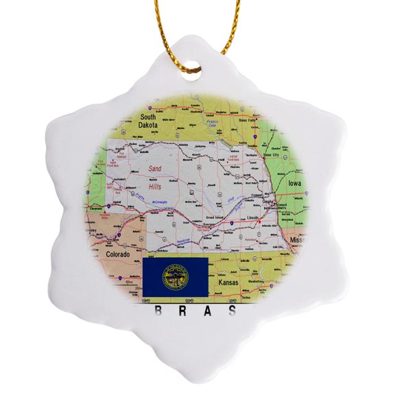 3drose, Image of Topographic Map of Nebraska with Flag, 3 inch Snowflake Porcelain Ornament