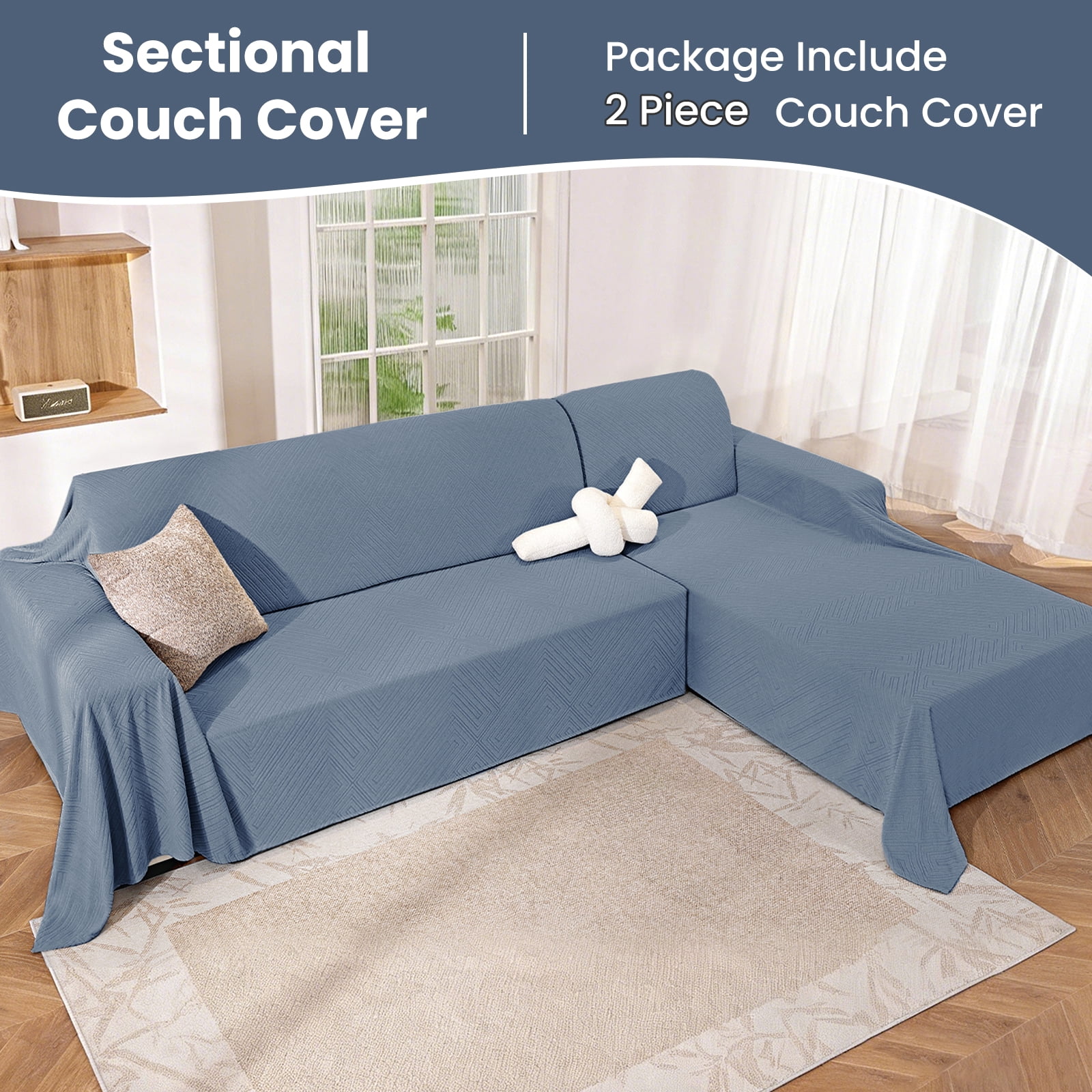 JIATER Couch Covers for L Shaped Sectional Sofa Covers 2-Piece Stretch Throw Sofa Slipcovers,Blue