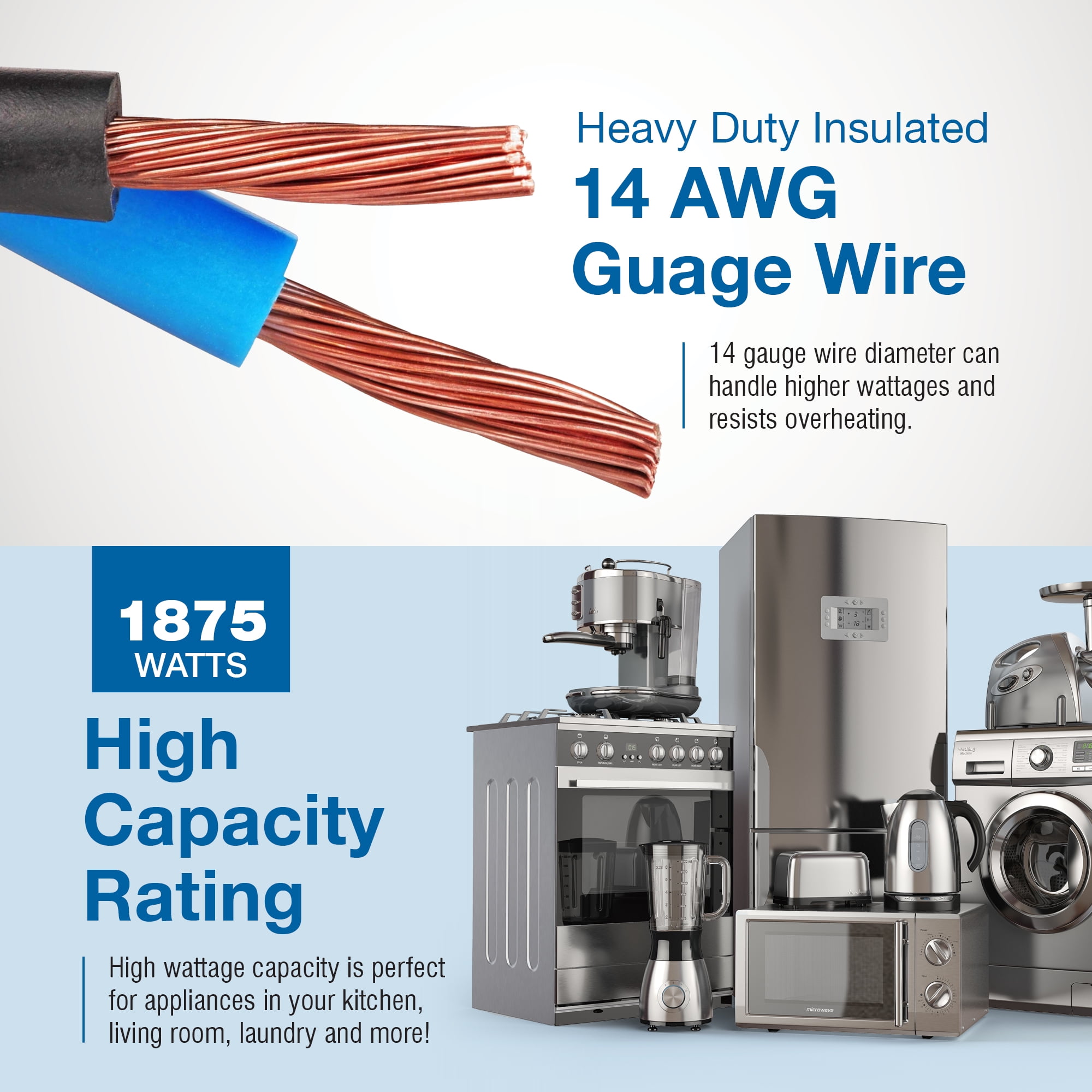 Appliance Extension Cord - 50ft Heavy Duty Extension Wire for Air Conditioner, Refrigerator, & All Major Appliances - 14 Gauge High Voltage 3 Prong Flat-End Cord for Indoor Power by DDON USA