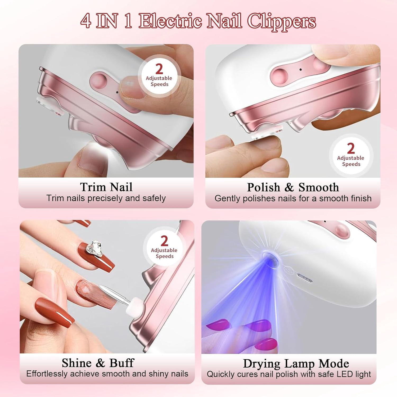 Electric Nail Clipper 4 in 1 Automatic Nail Trimmer with File Polishing UV Light, 2 Speed Rechargeable Nail Cutter with LED for Adults Kids Seniors, Baby Safe Manicure Tool(wwx)