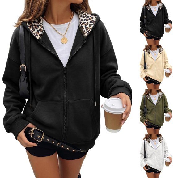 Womens Zip Up Hoodie Leopard Print Long Sleeve Drawstring Hood Fleece Sweatshirt Oversized Relaxed Fit Solid Casual Fall Winter Tops Gray L