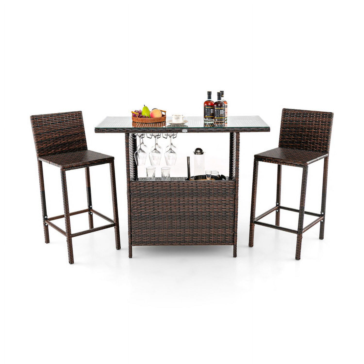 Aimee Lii 3 Pieces Outdoor Wicker Bar Set with 3 Rows Stemware Racks, Outdoor Patio Furniture