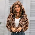 thumbnail image 4 of YANHAIGONG Women Crop Leopard Faux Fur Coat with Hood Long Sleeve Leopard Print Full Zip Warm Fashion Crop Jacket Hooded Overcoat Outerwear Christmas Gift, 4 of 8
