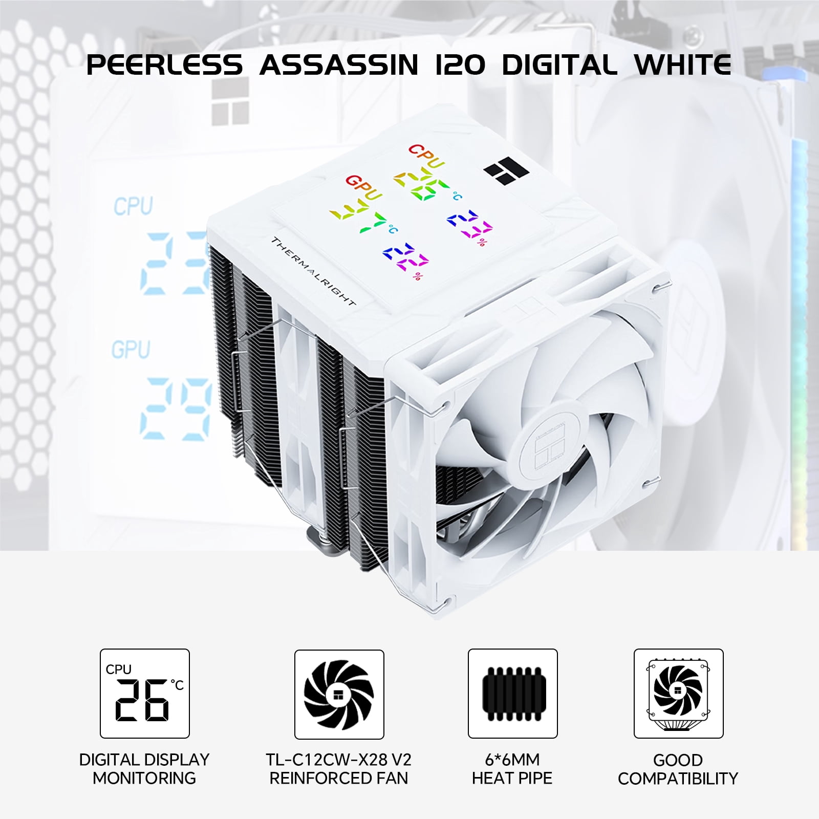 Thermalright Peerless Assassin 120 Digital White CPU Air Cooler, Temperature Digital Display | 6 Heat Pipes |1850RPM PWM Fans, for Intel 1851/1700, AMD AM4/AM5