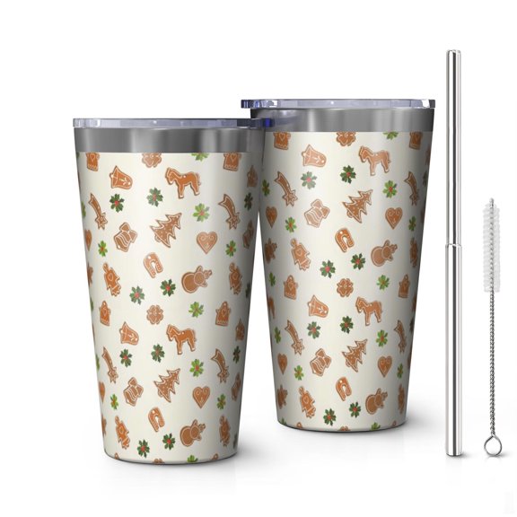 16oz Tumblers Beige Christmas Gingerbread Pattern Stainless Steel Vacuum Insulated Double Wall Travel Tumbler Cups Mug with Lid and Straw,Cleaning Brush for Coffee,Tea