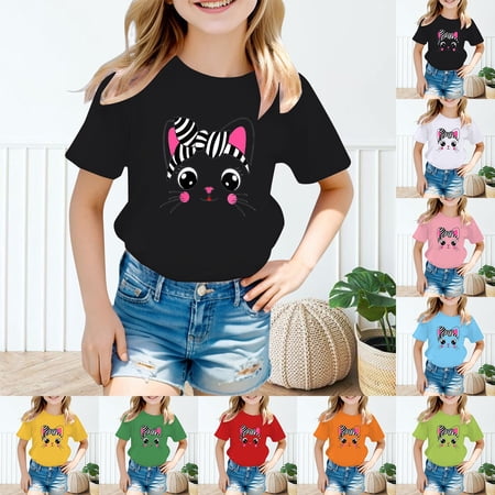 RTKFRFLM Girls Fashion Short Sleeve Graphic Tee Kids Trendy Summer T-Shirt Top Soft Cotton Base Layer Undershirt for Girls Casual School Wear Lightweight Breathable Clothing