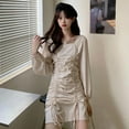 thumbnail image 3 of Robe Courte Décontractée Mode Coréenne pour Femmes, Manches Courtes, Col Carré, Plis Fins avec Cordon de Serrage, 3 of 9