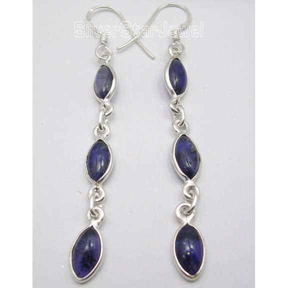 SilverStarJewel 925 Sterling Silver Wonderful Iolite 3 Stone Long Dangle Earrings 2.6"