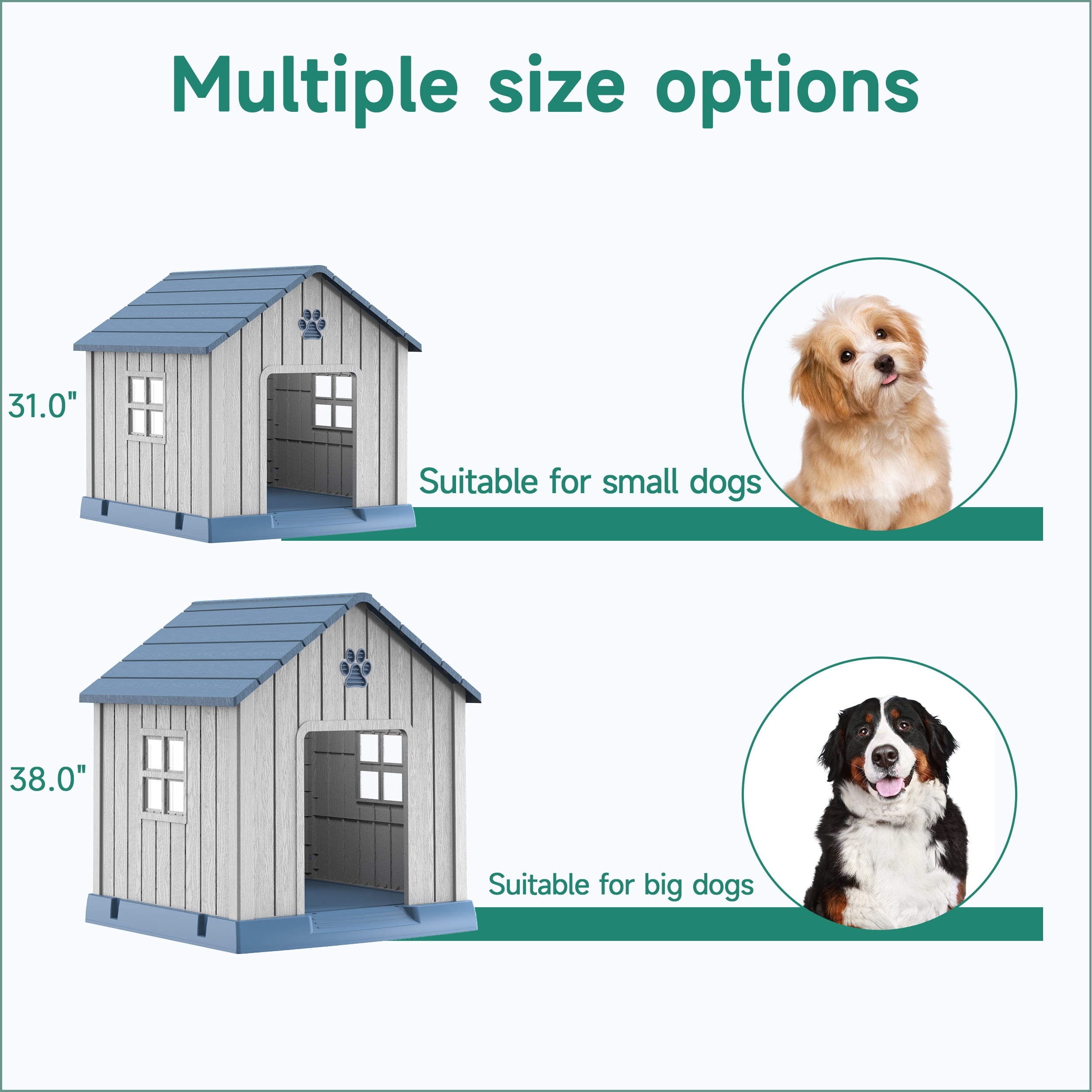 Dog House Indoor Outdoor for Small to Large Sized Dogs Indoor Outdoor Doghouse Puppy Shelter with Elevated Floor, Easy to Assemble (Blue&Grey, 38Inch(37.8 * 40.87 * 38.82))
