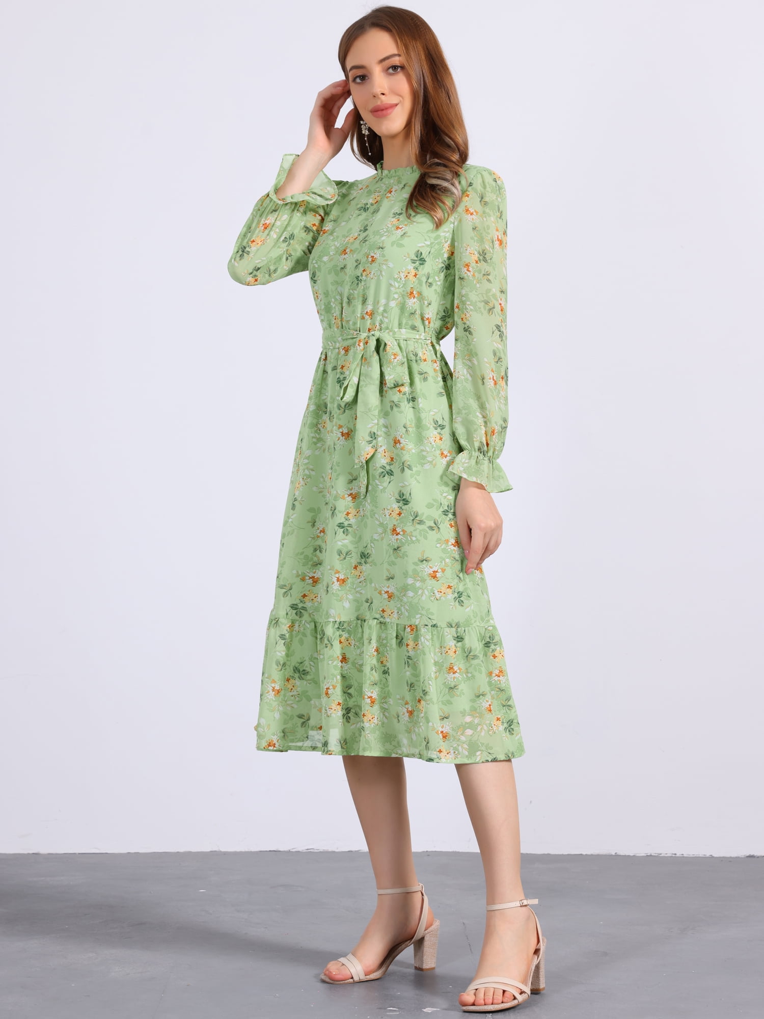 DARING DIVA Fall Floral Long Sleeve Chiffon Midi Dress L Green