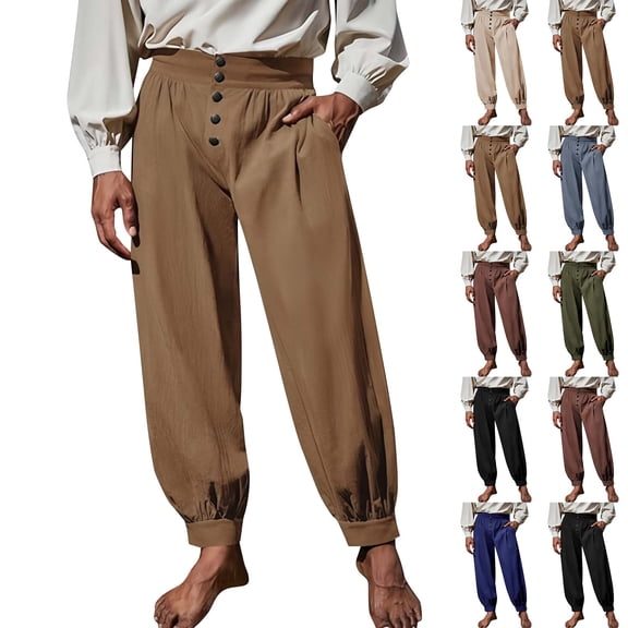 Mens Medieval Pirate Pants Loose Fit Renaissance Viking Colonial 100% Cotton Costume Ankle Length Trousers Size 3XL Khaki