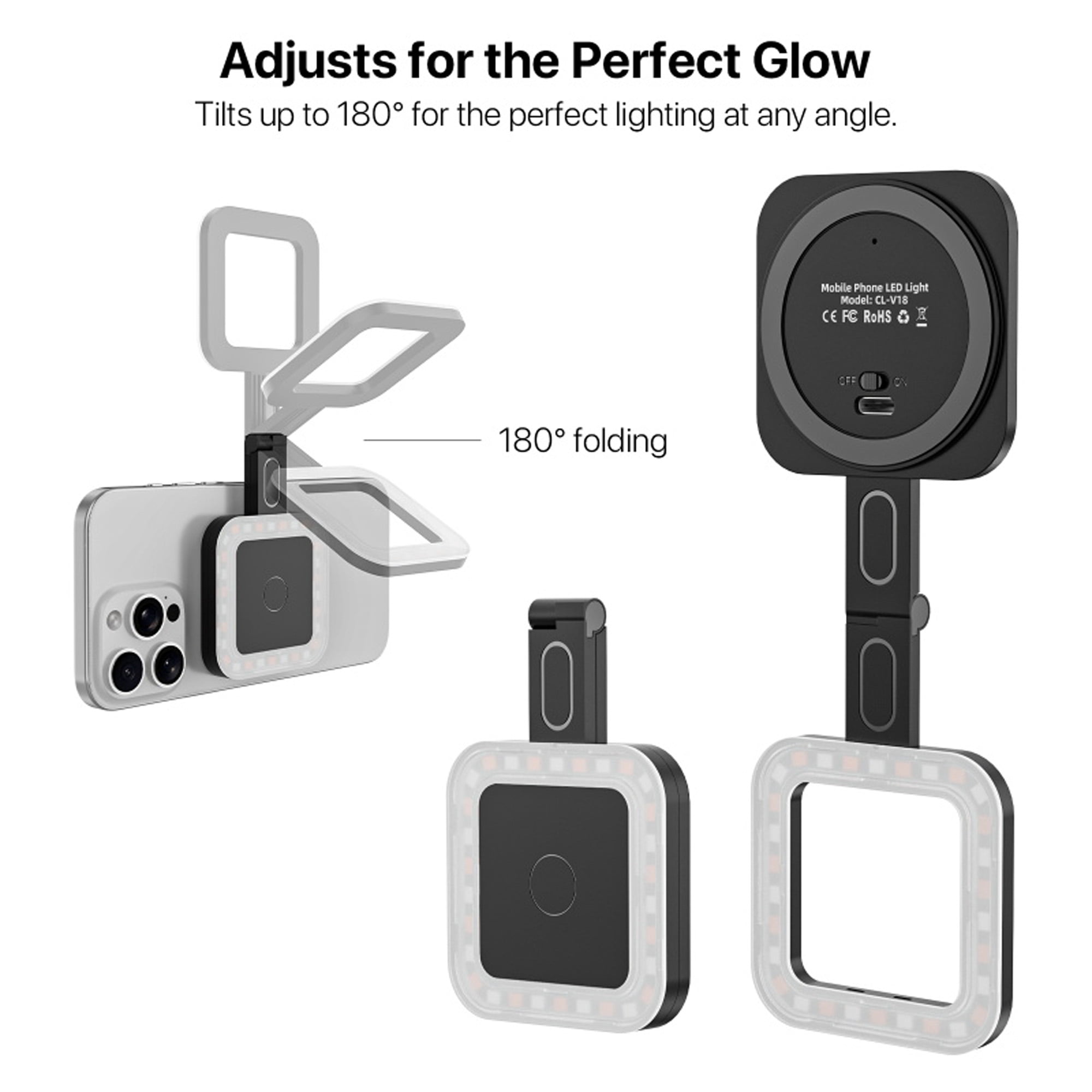 GlowOn Magnetic Selfie Ring Light – 6 Light Modes, USB-C Rechargeable – Compatible with MagSafe & Magnetic Phones – Black