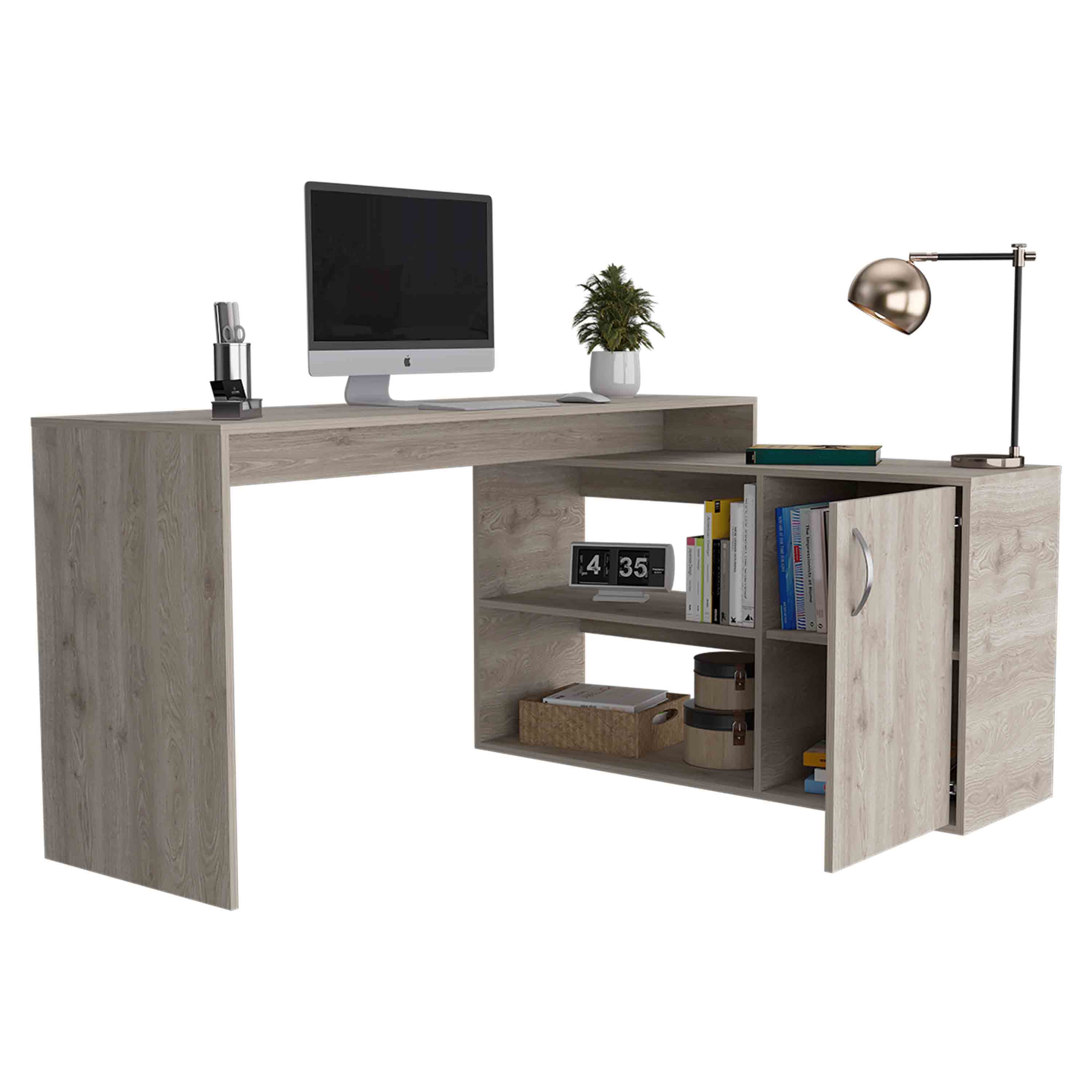 Axis 59 Inch Light Gray L Shaped Desk with Open Shelves and Storage Cabinet