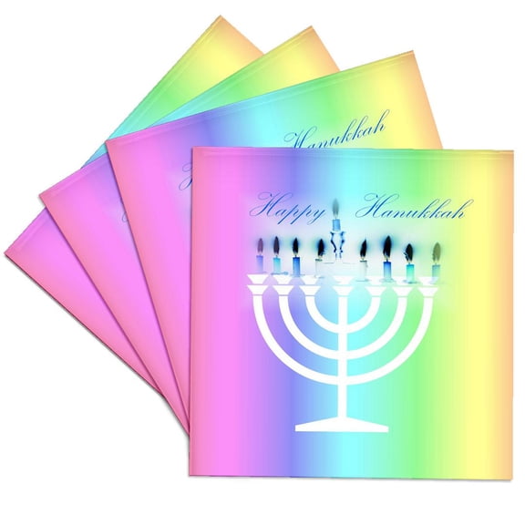 3drose, Image of White Menorah with Candles Say Chanukah on Gradient, Set of 4 Ceramic Tile Coasters