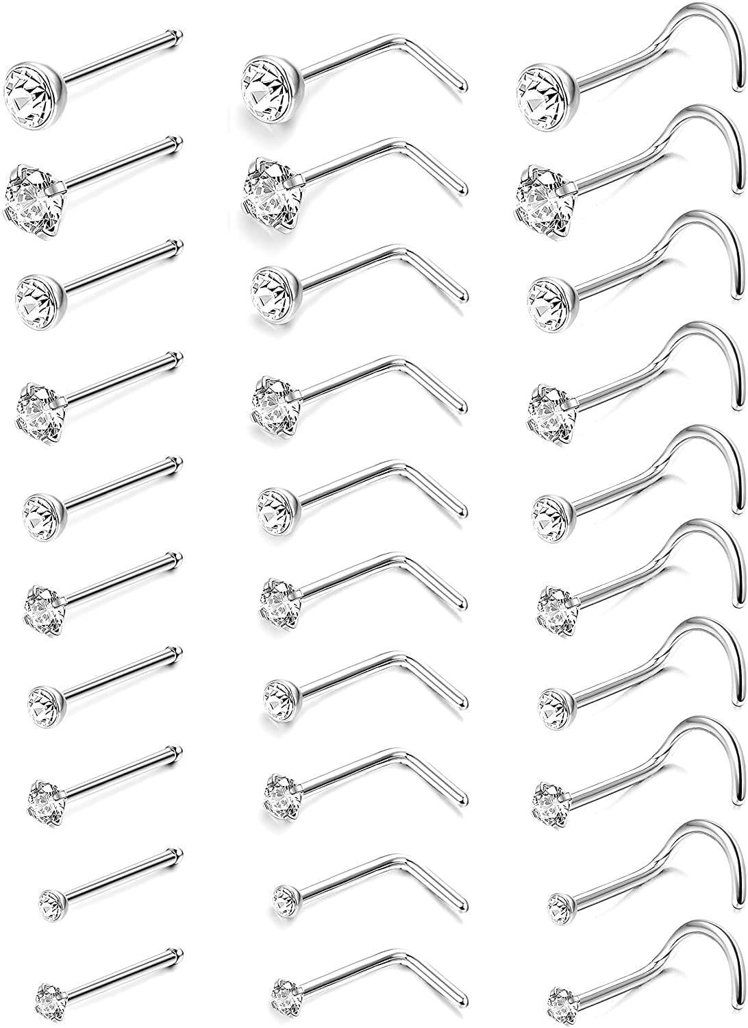 Kridzisw 30Pcs Nose Ring Studs for Women Surgical Steel Nostril Bone Pin Crystals Body Piercing Jewelry Screw L Shape 18G CZ 1.5MM 2MM 2.5MM 3MM 