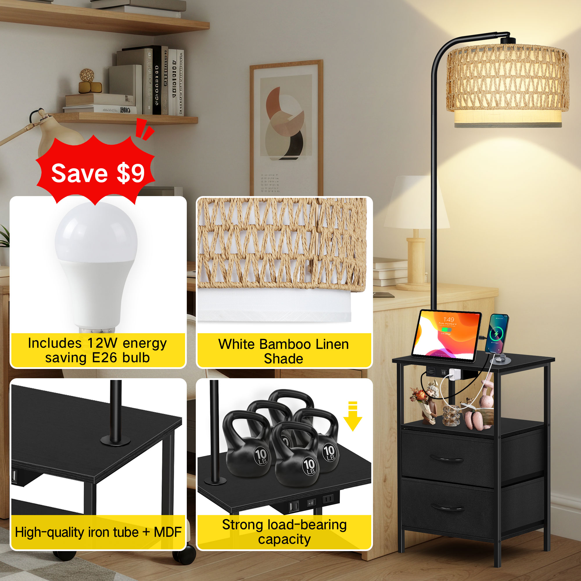 OUTONLIFE Floor Lamp with Table for Bedroom Living Room, End Table with 2 Drawers , Lamp with USB Port and Outlet, 3 Color Led Bulb Included, Black