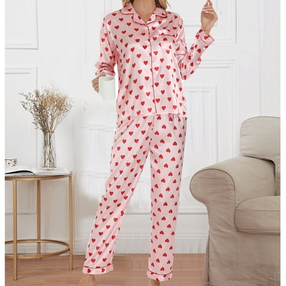 Pajama Sets for Women Button Heart Print Long Sleeve Top And Pant Pj Set Soft Loungewear Two Piece Holiday Sleepwear Sets Pink L