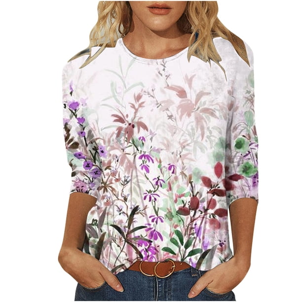 Camisetas de Manga Corta para las Mujeres Retro Cuello Redondo Pascua Impreso Suelto Top, Ligero Poliéster 3/4 Camiseta de Manga para el Desgaste Casual, Diario Y de Primavera