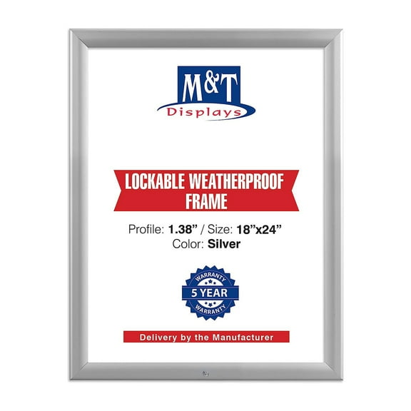 Lockable Weatherproof Snap Poster Frame 18x24 Inch Silver 1.38" Aluminum Profile Front Loading Wall Mounting