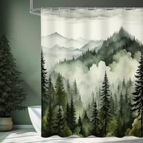 Dark Green Extra Long Misty Pine Forest Shower Curtain 72 x 84, XL Mountain Foggy Woodland Scenery Tree Shower Curtains for Bathroom, Waterproof Nature-Themed Decor