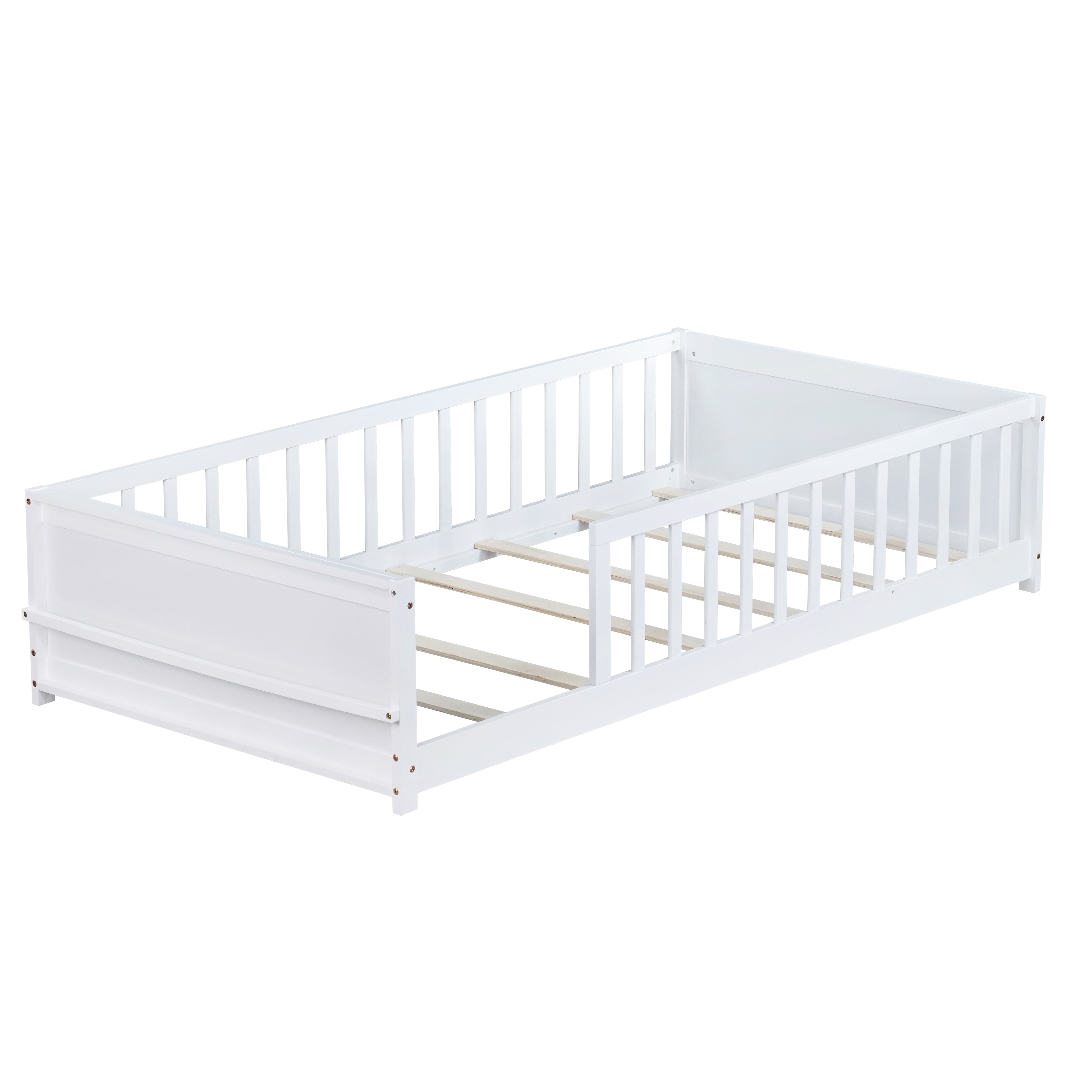 Miniyam Wood Twin Size Floor Bed with Built-in Book Storage Rack for Toddler, White