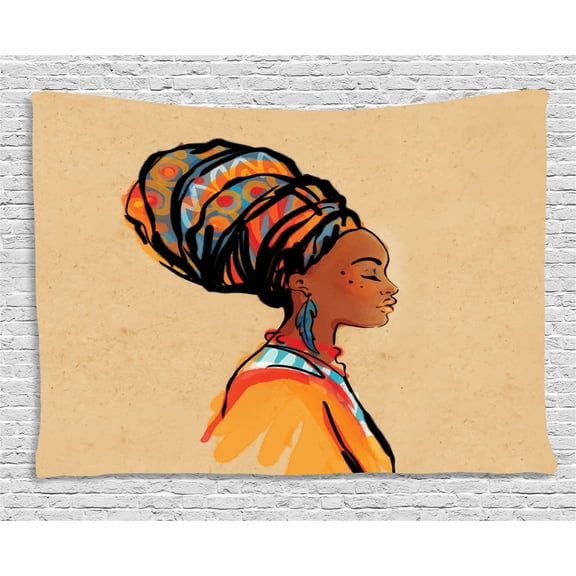 Afro Decor Tapestry, Ethnic Woman with Exotic Feather Earring and Scarf Zulu Hippie Artwork, Wall Hanging for Bedroom Living Room Dorm Decor, 60W X 40L Inches, Caramel Merigold, by Ambesonne