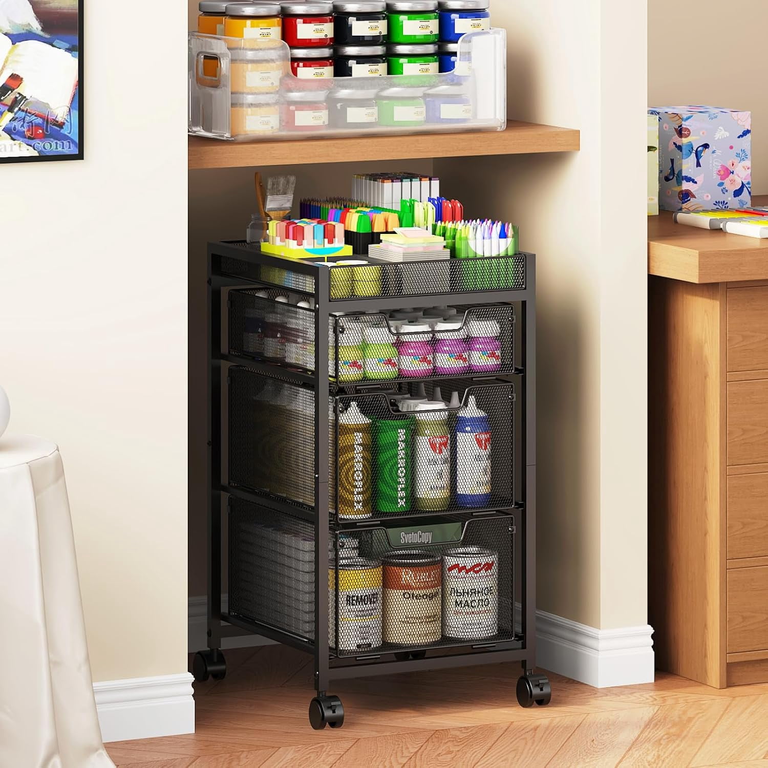 Rolling Utility Cart with 3 Drawers, Craft Organizer and Storage with DIY Divider, Lockable Wheels, Multi-Functional Storage for Art Supplies, Store for Brushes & Paints & Small Parts