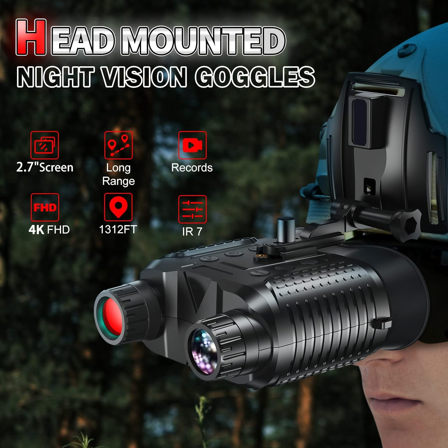 BekinTek 4K Helmet Mountable Night Vision Binoculars Head-mounted Telescope Rechargeable Goggles 7x IR Infrared Full Dark Observing Optics 8x Digital Zoom 4K Video 36M Photo Support 360P ENV Mode