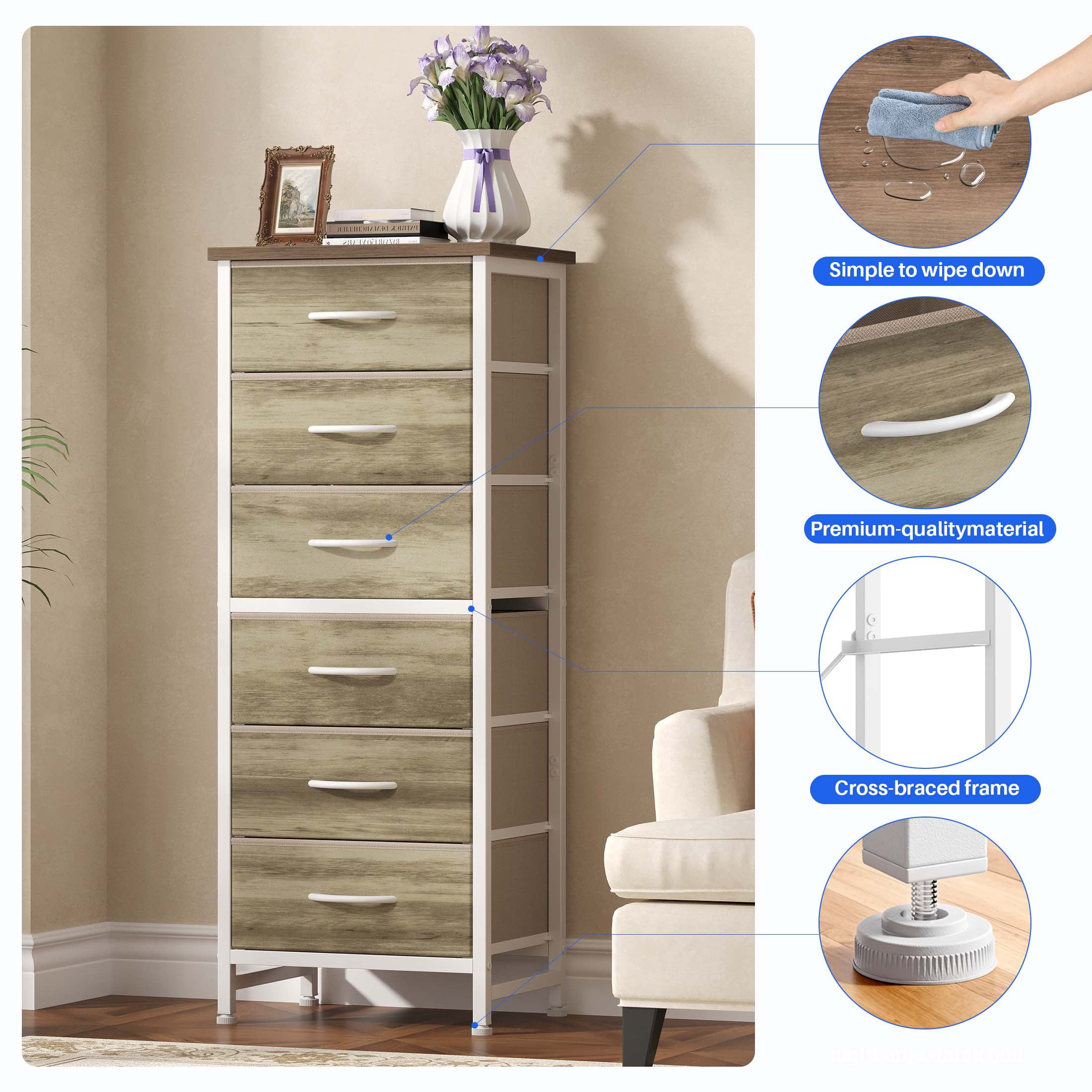 EDX 6 Drawer Fabric Dresser for Bedroom , Storage Organizer, Wide Chest of Drawers for Closet, Clothes,TV Stand, Oak