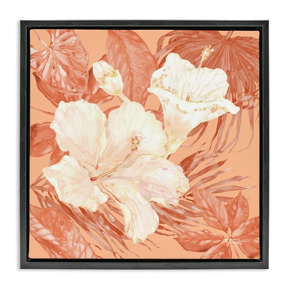 Stupell Industries Hibiscus & Leaf Bunch Plants & Flowers Painting Black Floater Framed Canvas Art Print Wall Art, 18 x 18
