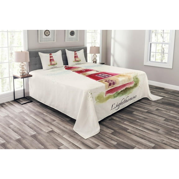 Ambesonne Lighthouse Quilted Bedspread Set 3 Pcs, Pastel Watercolors, King Size, Multicolor