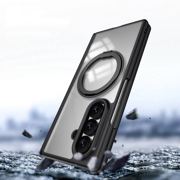 ELEHOLD Magnetic Case for Samsung Galaxy Z Fold 7, Shockproof Ring Stand Cover with Screen Protector and Hinge Shield, Black