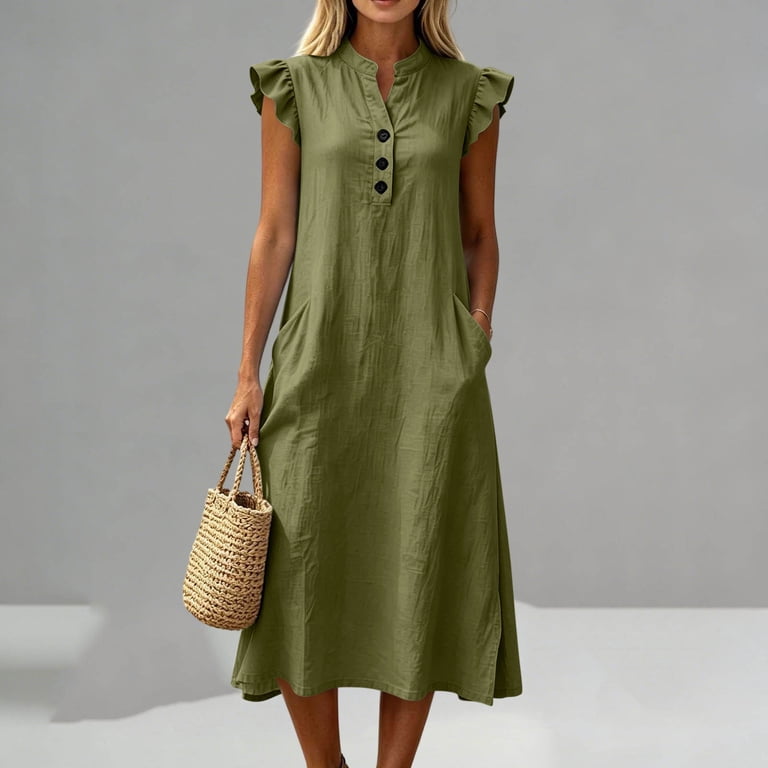 formal graduation guest dress Sentmoon Linen Dress Graduation Guest Dress with Pockets Regular Fit 2026  Summer V Neck Button Down Formal Evening Dress for Daily and Commute S-2XL