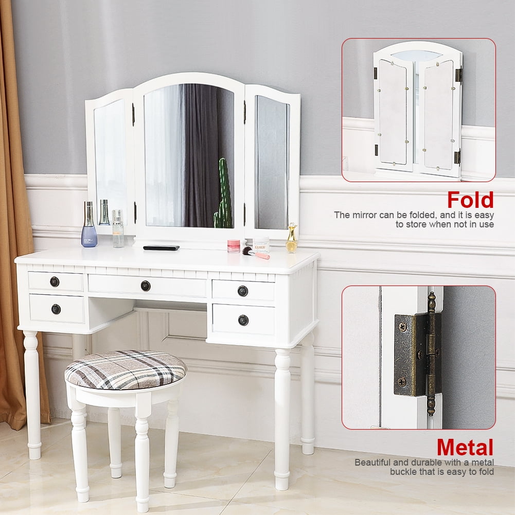 Kepooman Dresser Vanity Table Set, 3-Fold Mirror Drawers Roman Column for Home BedRoom Kepooman Dresser Vanity Table Set, 3-Fold Mirror Drawers Roman Column for Home BedRoom