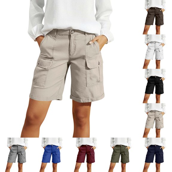 DYTTDG Women's Elastic Waist Cargo Shorts, Casual Loose Fit Multi-Pocket Solid Color Summer Shorts