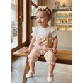 thumbnail image 5 of BemeyourBBs Newborn Baby Girl Summer Clothes Cotton Outfits Faux Two-piece Romper Bow Print Ruffled Trim Short Sleeve Jumpsuit and Bow Headband 2 Pcs Set, 5 of 9