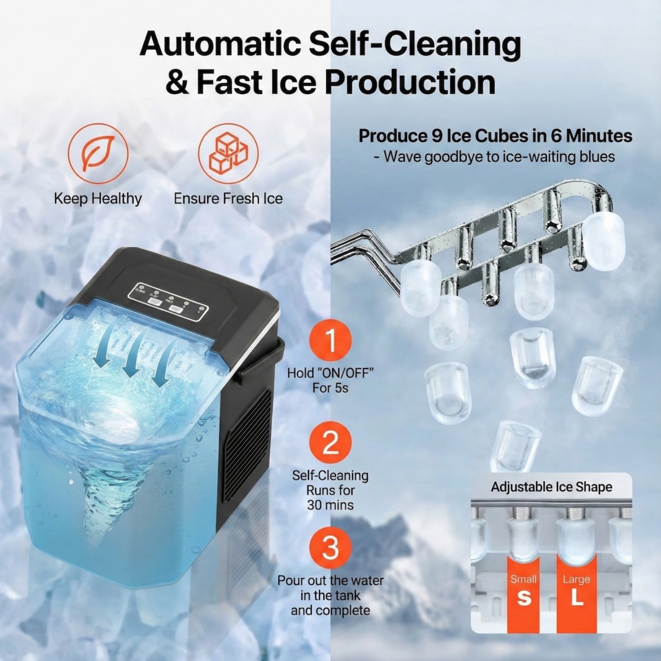 Countertop Ice Maker, 9 Cubes in 6 Mins/26lbs per Day, Self-Cleaning with 2 Bullet Sizes, for Home, Office, Party