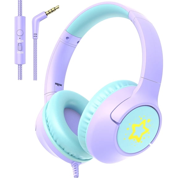 Kids Wired Headphones for School, 85/94 dB Volume Limit, Wired Over Ear Headphones for Girls Kids with Microphone, Foldable Stereo Sound 3.5mm Wire Cord for Kindle Tablet Airplane Travel, Purple