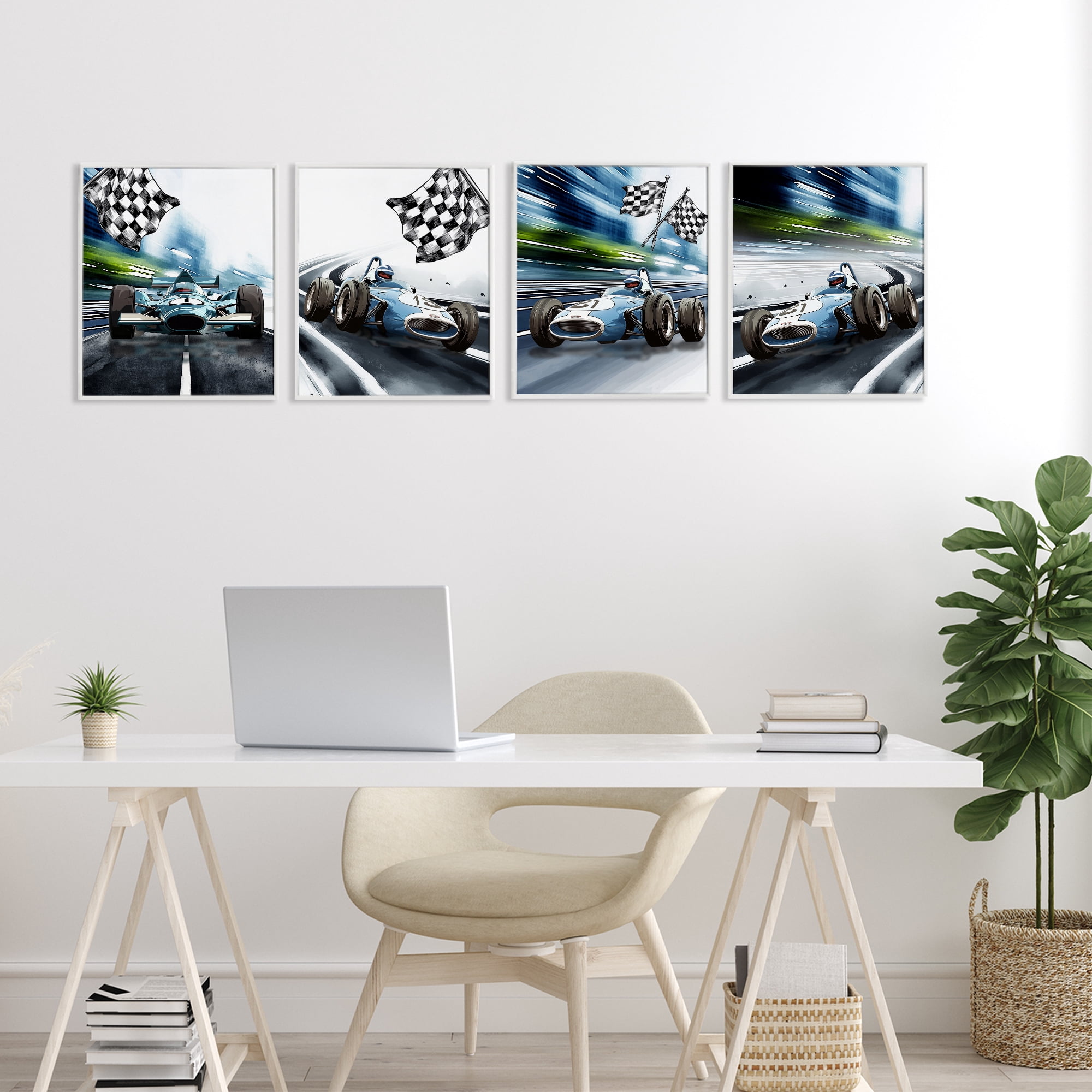 Stupell Industries Ready Set Racecars 4 Piece White Framed Giclee Art Set, design by Christine Simpson Art