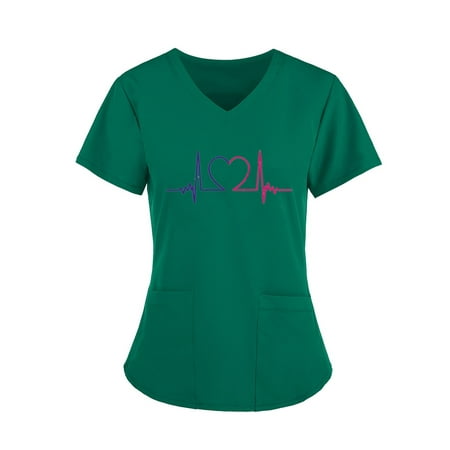 

muxika Women s Working Uniform with Two Pocket V Neck Scrub Top Electrocardiogram Print Short Sleeve Shirt Irregular for Valentine s Day