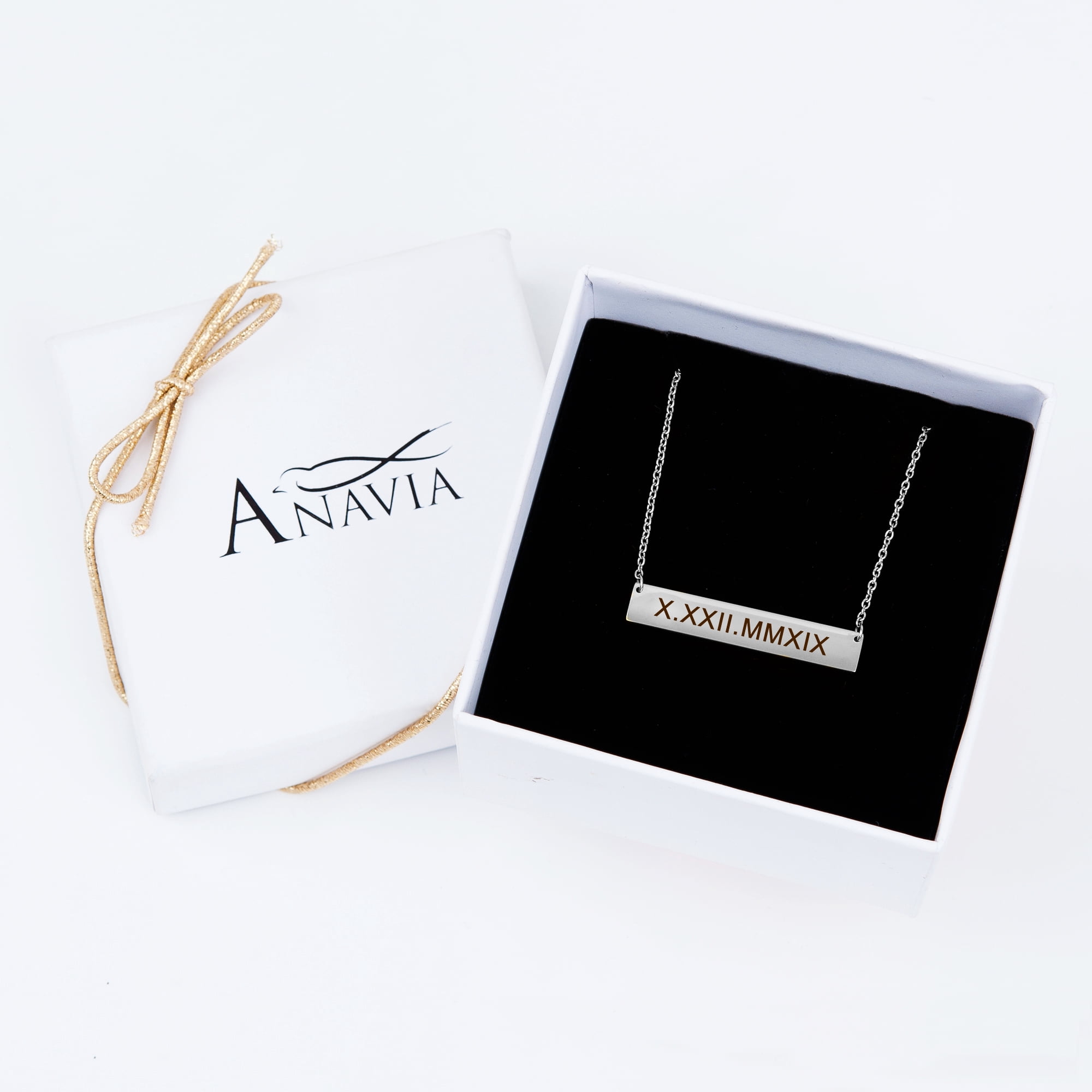 Anavia Personalized Bar Necklace, Coordinates Bar Necklace, Engrave Stainless Steel Name Necklace, Birthday Gift for Her, Christmas Gift for Girl Friend with Gift Box