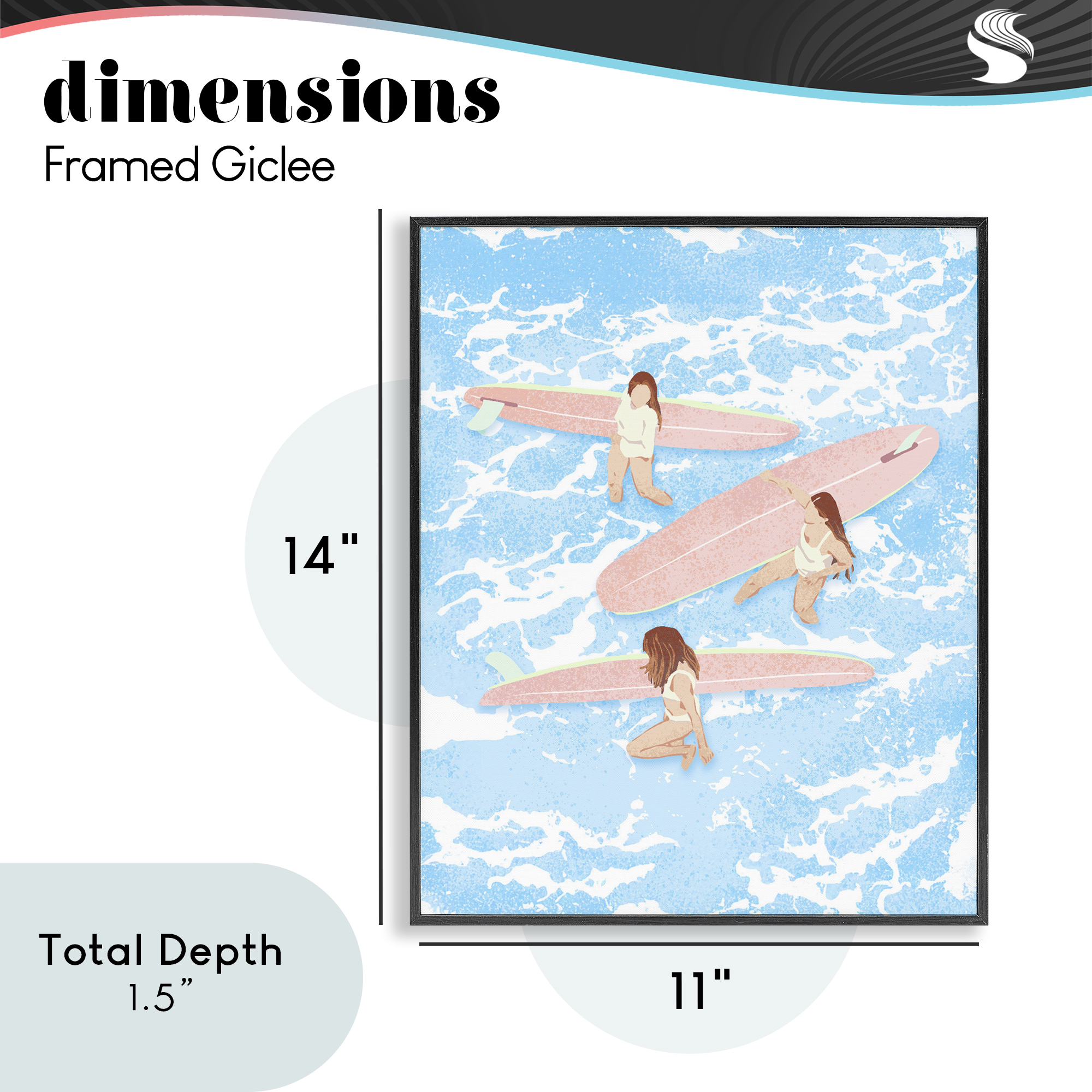 Surfing Girls Trio Black Framed Giclee Art, design by Ziwei Li