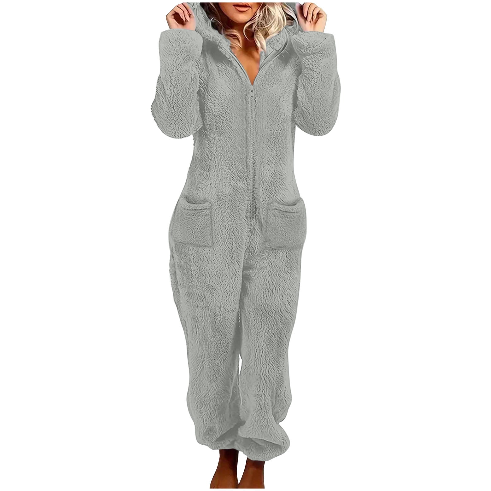Frostluinai Womens Fleece Onesies Pajamas Jumpsuit Warm Sherpa Romper Sleepwear One Piece Zipper Hooded Playsuit Loungewear with Pocket