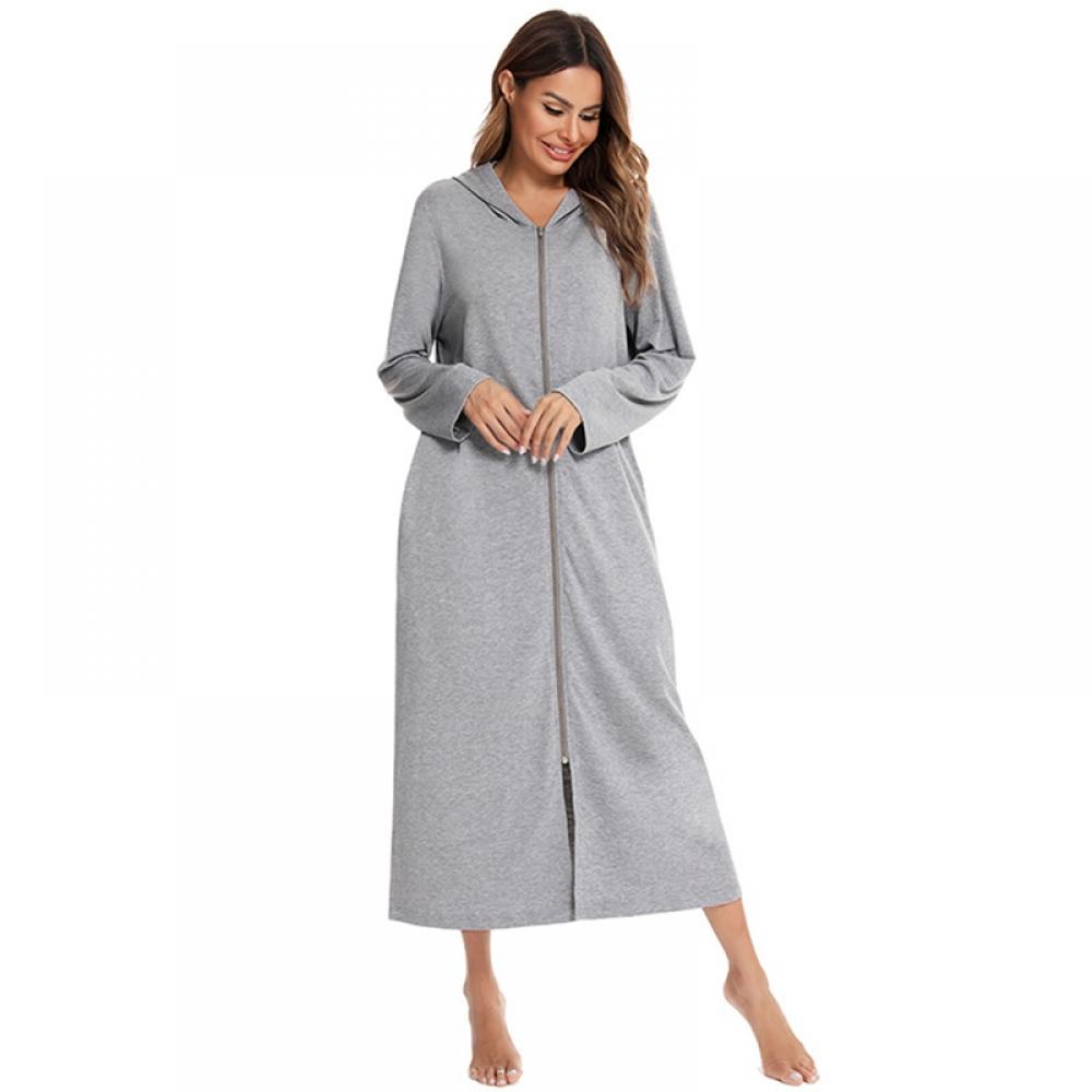 Womens Zip Up Robe Sweatshirt Robe Long Hooded Robe Floor Length Bathrobe Long Sleeve House Coat Lounger with Pockets S 2XL Walmart