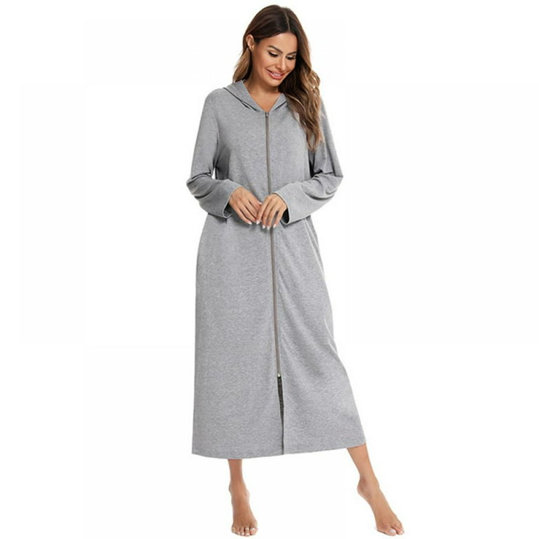 Womens Zip Up Robe Sweatshirt Robe Long Hooded Robe Floor Length Bathrobe  Long Sleeve House Coat Lounger with Pockets S-2XL