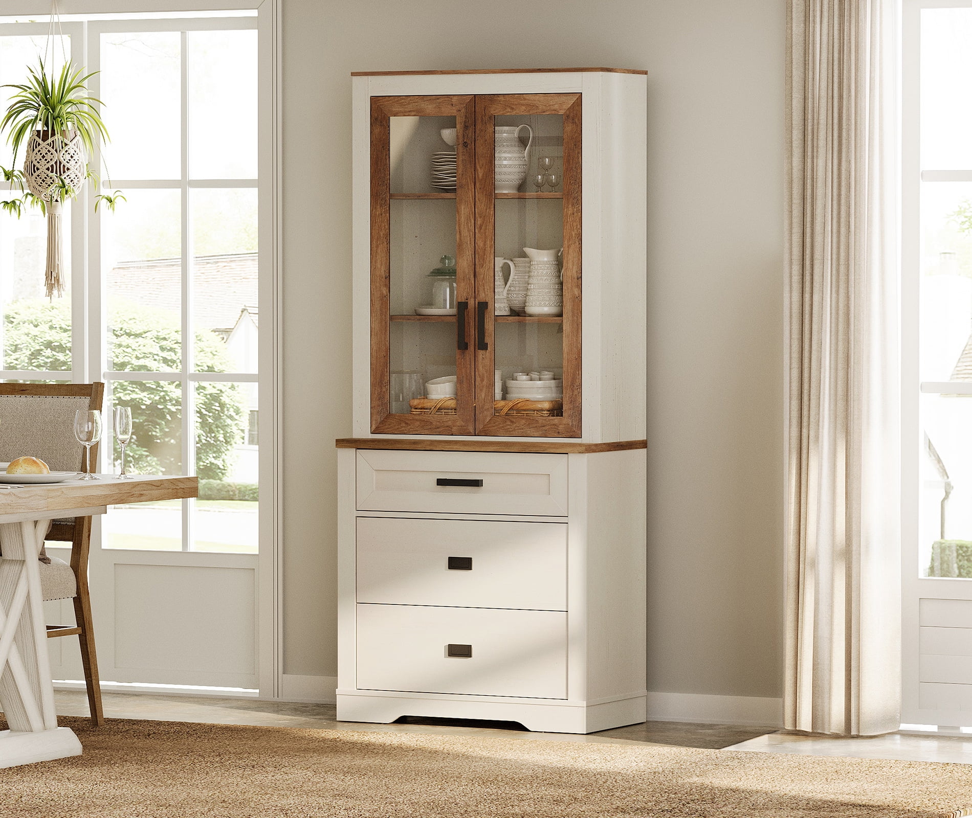WAMPAT 3 Tier Bookcase with Drawer,73.3" Tall Floor Standing Bookshelf,Modern Farmhouse Display Storage Cabinet with Adjustable Shelves and Glass Door for Home Office,Living Room,White Oak