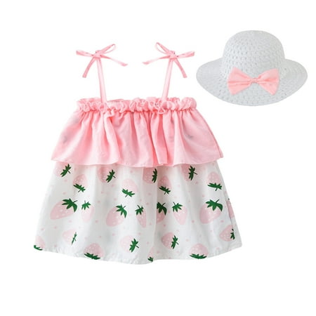 

TUOBARR Summer Savings Clearance 2023! Girls Summer Dress Toddler Baby Girl Summer Ruffled Lace Suspender Skirt Love Heart Print Princess Dress+Hat Set Green 100