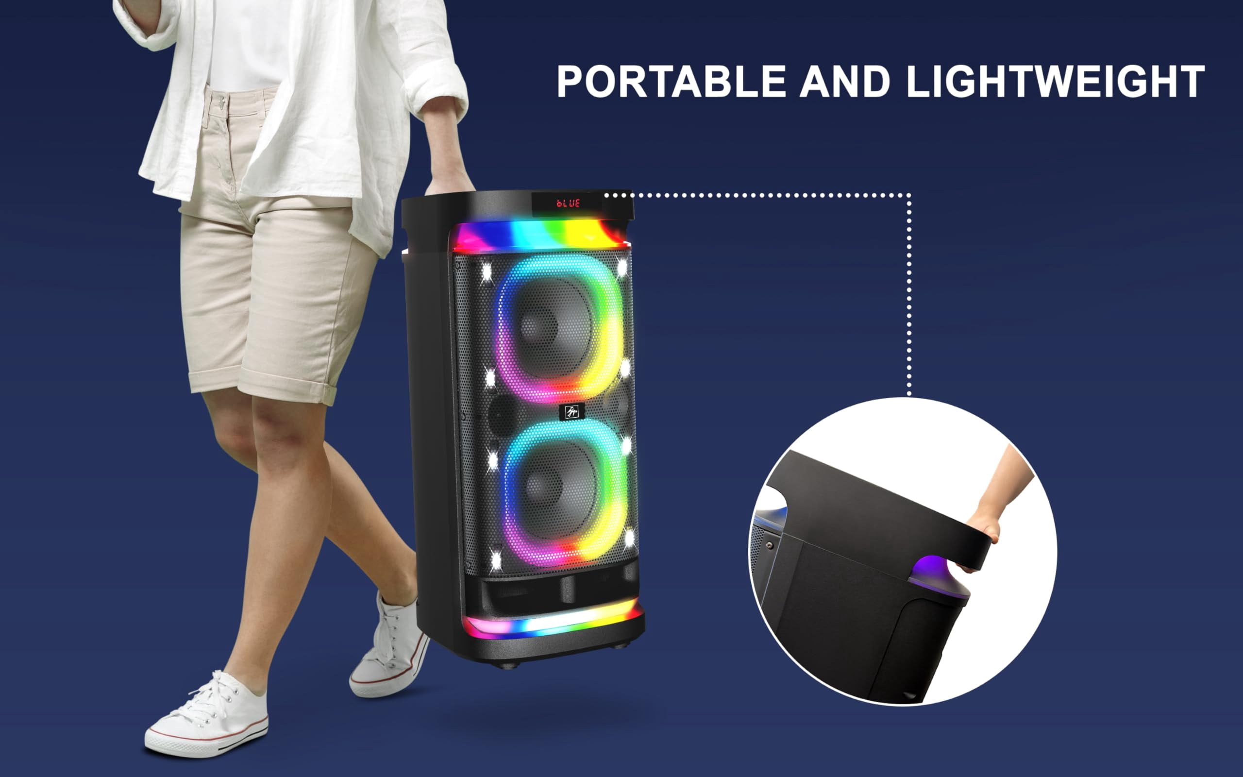 Fisher Portable Bluetooth Wireless Speaker:Dual 8" Subwoofer 60W Peak Power Loud HD Deep Bass Sound|LED Lights|Rechargeable|Karaoke|Microphone|TWS Pairing|USB Port|TF|AUX|FM Radio|Guitar Jack